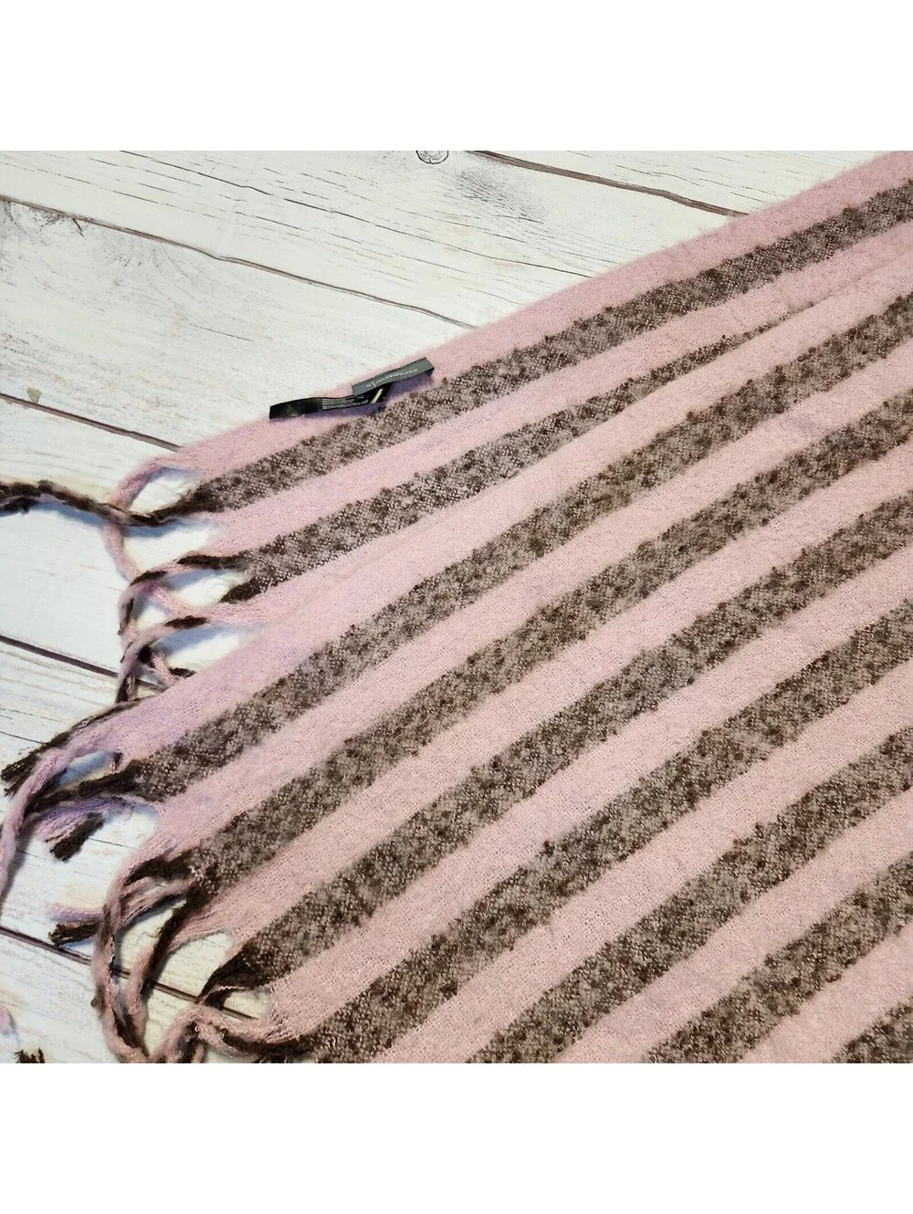 Anthropologie Pink and Brown Striped Wool Blend Scarf with Fringe